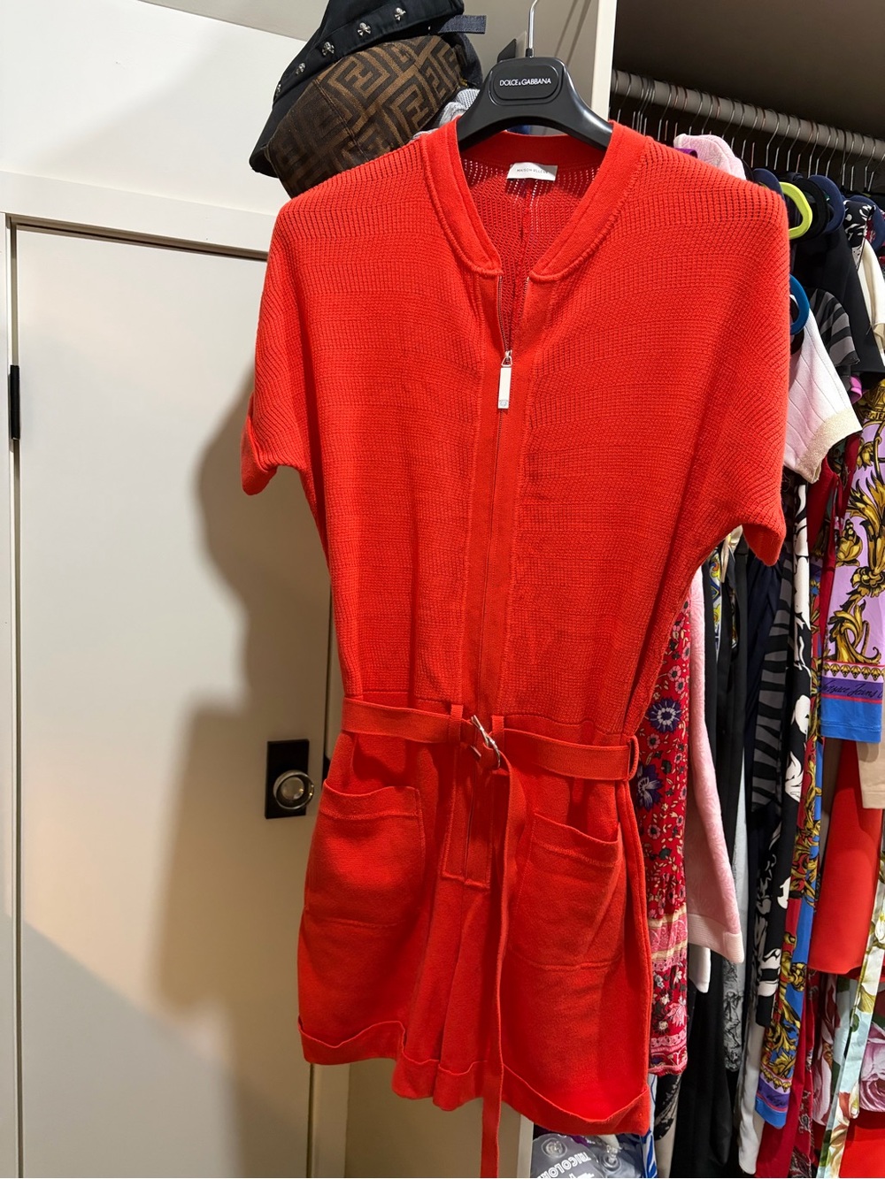 Red Knit Zip-Front Womens One-Piece with Belt